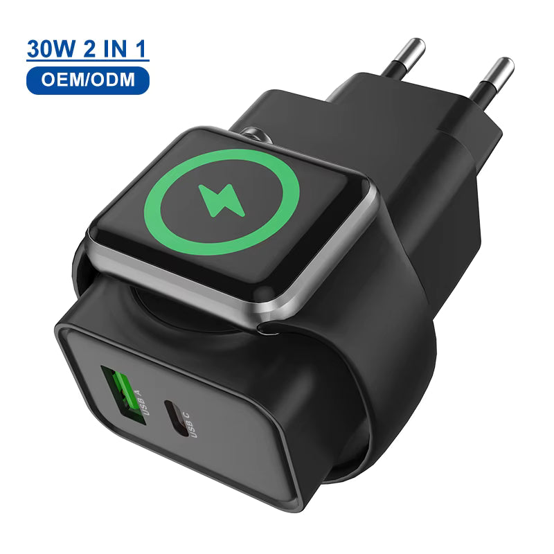 Schitec Cargador de Pared 30 W + Carga Inalámbrica para Reloj (Diseño Exclusivo)