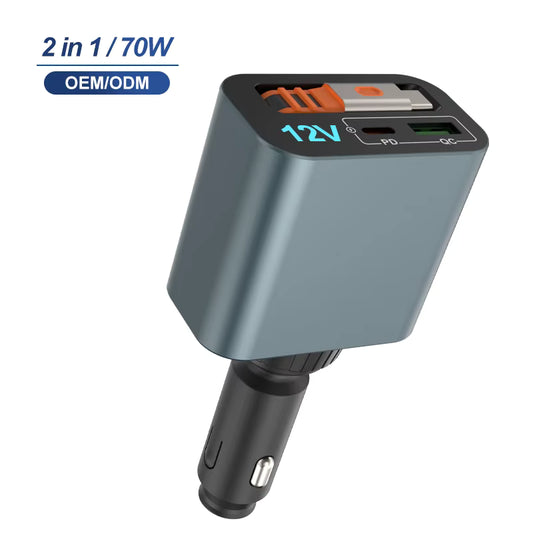 Cargador de coche 70 W rotativo 360° con cable retráctil USB‑C