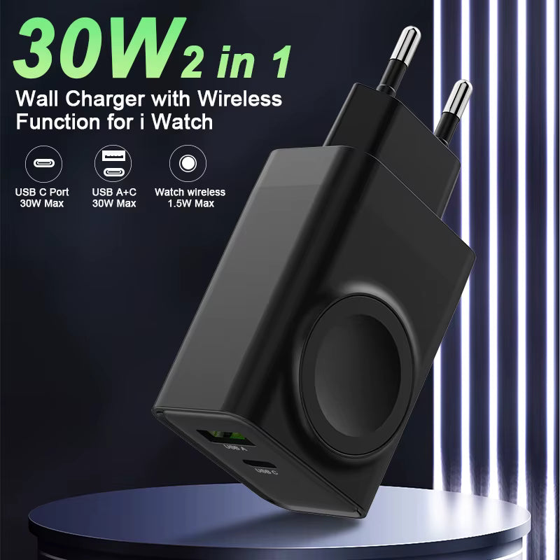 Schitec Cargador de Pared 30 W + Carga Inalámbrica para Reloj (Diseño Exclusivo)