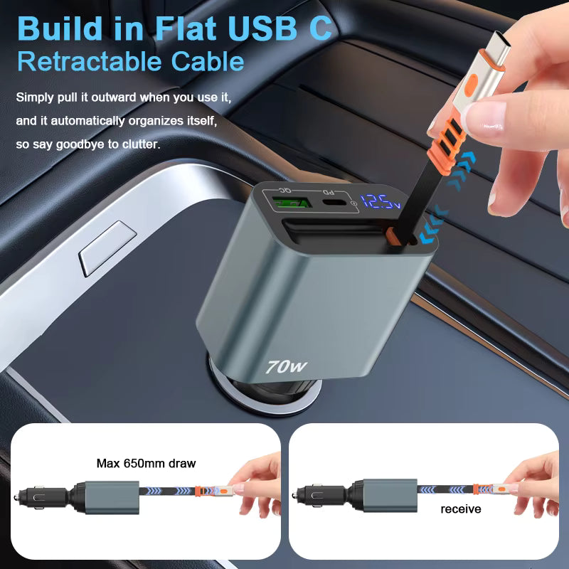 Cargador de coche 70 W rotativo 360° con cable retráctil USB‑C