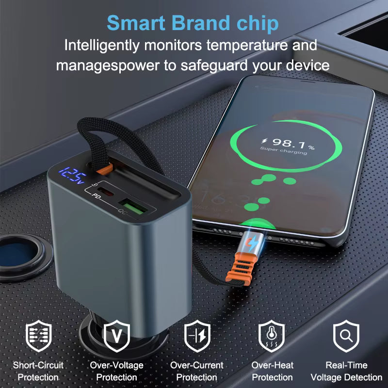 Cargador de coche 70 W rotativo 360° con cable retráctil USB‑C