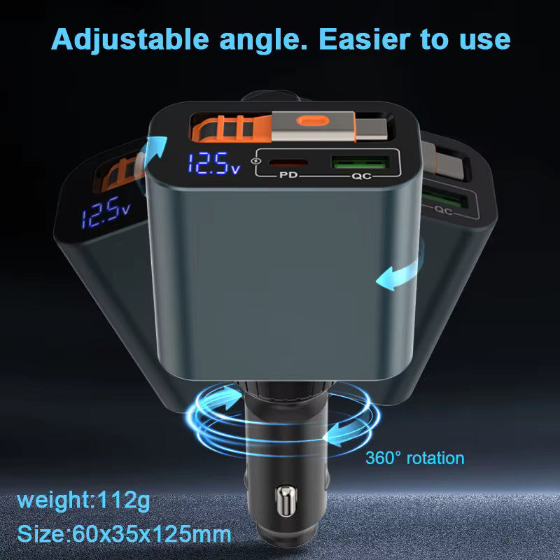 Cargador de coche 70 W rotativo 360° con cable retráctil USB‑C